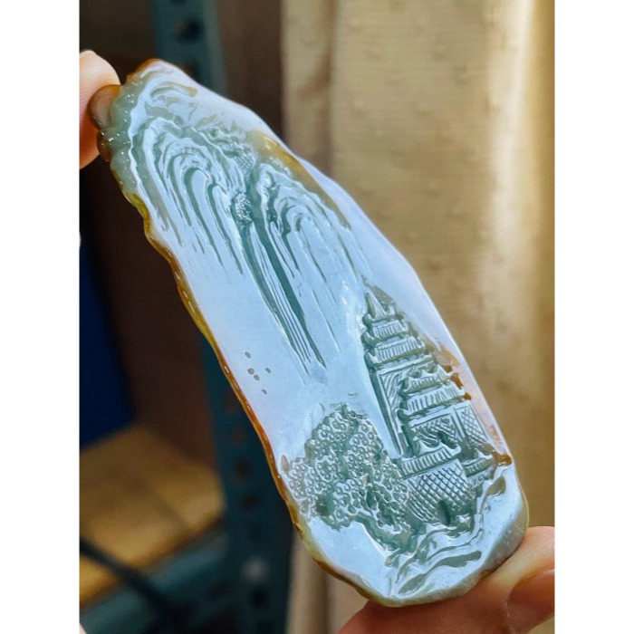 天然A貨緬甸玉 老坑蜜糖金雙彩雙面牙籤精工金風送爽翡翠山水玉墜/擺件 起冰油亮黃霧包覆油綠肉 附台証-細節圖6