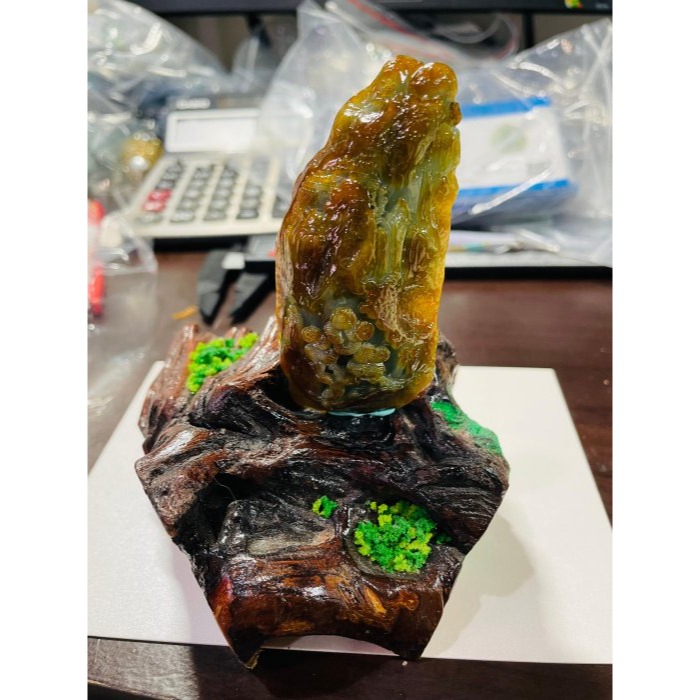 天然A貨緬甸玉 老坑蜜糖金雙彩雙面牙籤精工金風送爽翡翠山水玉墜/擺件 起冰油亮黃霧包覆油綠肉 附台証-細節圖9