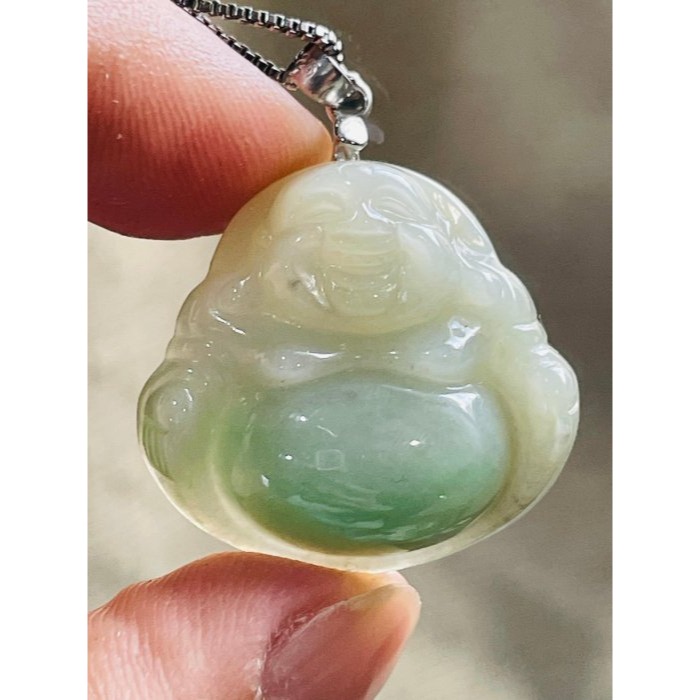 天然A貨緬甸玉 芙蓉種 膠潤黃加綠佛公/彌勒佛翡翠玉墜 細肉芙蓉底庄 梨黃滿底色鮮綠點綴飽滿圓肚-細節圖2