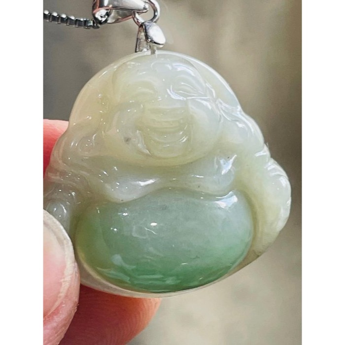 天然A貨緬甸玉 芙蓉種 膠潤黃加綠佛公/彌勒佛翡翠玉墜 細肉芙蓉底庄 梨黃滿底色鮮綠點綴飽滿圓肚-細節圖3