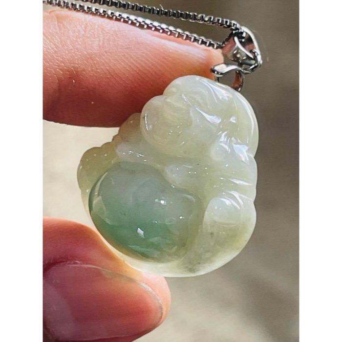 天然A貨緬甸玉 芙蓉種 膠潤黃加綠佛公/彌勒佛翡翠玉墜 細肉芙蓉底庄 梨黃滿底色鮮綠點綴飽滿圓肚-細節圖4