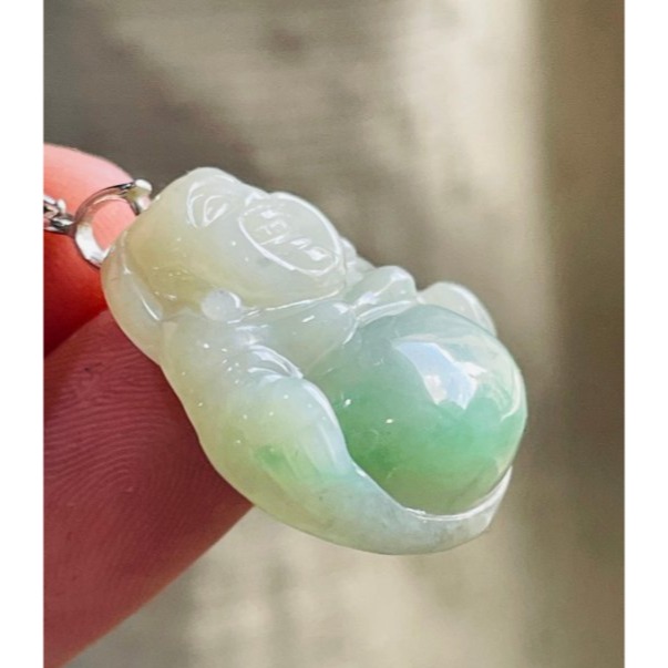 天然A貨緬甸玉 芙蓉種 膠潤黃加綠佛公/彌勒佛翡翠玉墜 細肉芙蓉底庄 梨黃滿底色鮮綠點綴飽滿圓肚-細節圖5