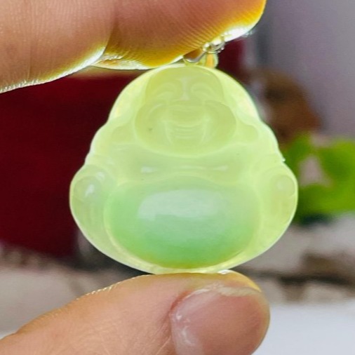天然A貨緬甸玉 芙蓉種 膠潤黃加綠佛公/彌勒佛翡翠玉墜 細肉芙蓉底庄 梨黃滿底色鮮綠點綴飽滿圓肚-細節圖9