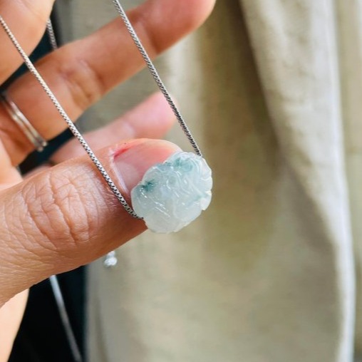 天然A貨緬甸玉 冰飄花手工360度環繞滿雕一條龍翡翠龍珠/頂珠 起光晶透無棉底妝 滿滿藍花點綴-細節圖2