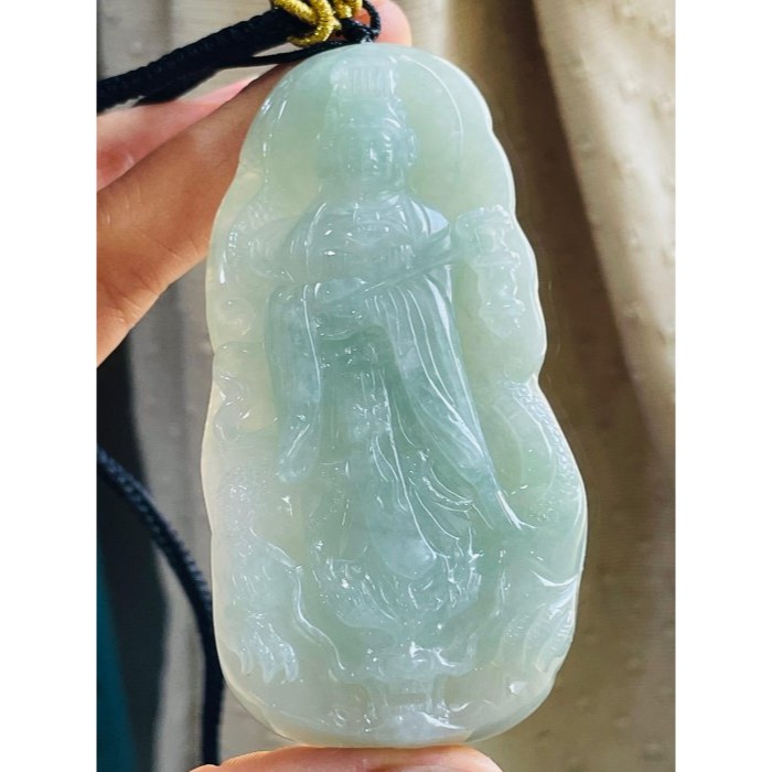 天然A貨緬甸玉 冰膠晴綠雙面精工獨家版天上聖母/提燈媽祖翡翠佛牌 色滿勻稱過底 千順護航祖廟加持 法像精開 工藝精湛-細節圖3