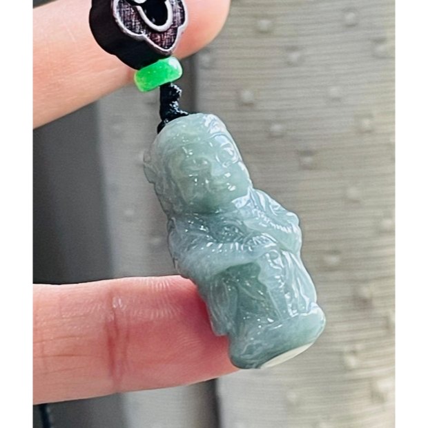 天然A貨緬甸玉 細潤藍綠獨家全立體Q版(偉陀)韋馱菩薩翡翠小佛墜 芙蓉種細肉 灰藍綠滿色 立體圓嘟俏皮法相-細節圖2