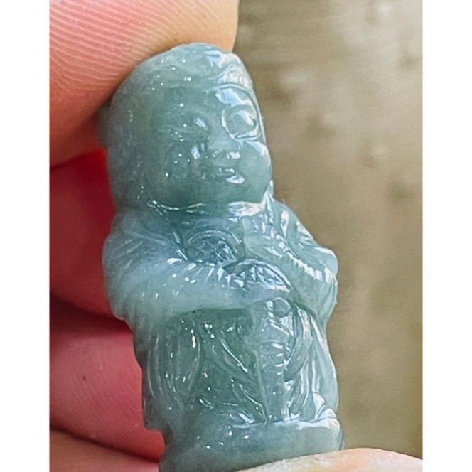 天然A貨緬甸玉 細潤藍綠獨家全立體Q版(偉陀)韋馱菩薩翡翠小佛墜 芙蓉種細肉 灰藍綠滿色 立體圓嘟俏皮法相-細節圖3