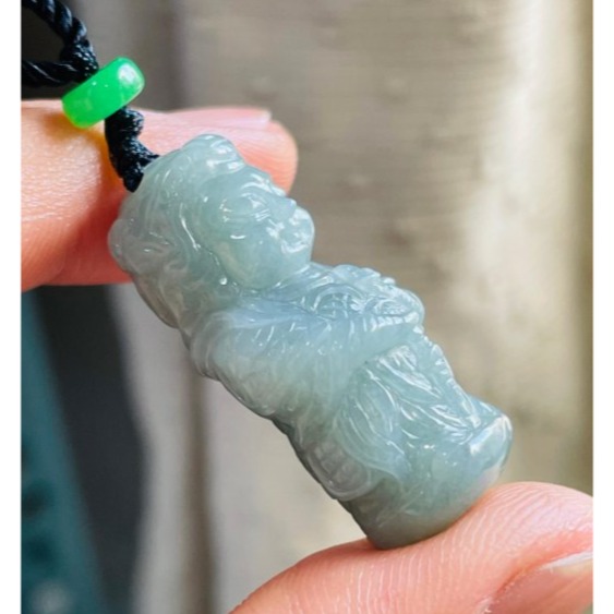 天然A貨緬甸玉 細潤藍綠獨家全立體Q版(偉陀)韋馱菩薩翡翠小佛墜 芙蓉種細肉 灰藍綠滿色 立體圓嘟俏皮法相-細節圖4