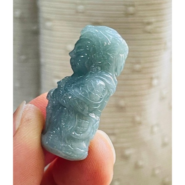天然A貨緬甸玉 細潤藍綠獨家全立體Q版(偉陀)韋馱菩薩翡翠小佛墜 芙蓉種細肉 灰藍綠滿色 立體圓嘟俏皮法相-細節圖5