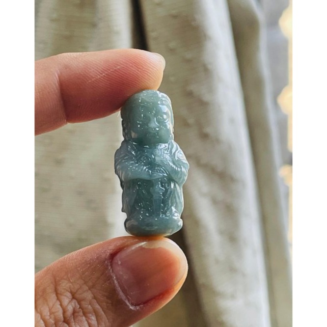 天然A貨緬甸玉 細潤藍綠獨家全立體Q版(偉陀)韋馱菩薩翡翠小佛墜 芙蓉種細肉 灰藍綠滿色 立體圓嘟俏皮法相-細節圖7