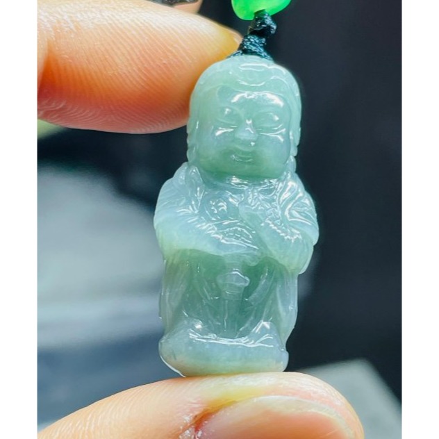 天然A貨緬甸玉 細潤藍綠獨家全立體Q版(偉陀)韋馱菩薩翡翠小佛墜 芙蓉種細肉 灰藍綠滿色 立體圓嘟俏皮法相-細節圖8