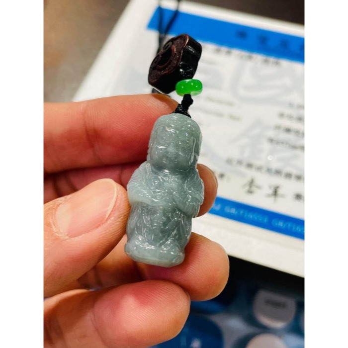 天然A貨緬甸玉 細潤藍綠獨家全立體Q版(偉陀)韋馱菩薩翡翠小佛墜 芙蓉種細肉 灰藍綠滿色 立體圓嘟俏皮法相-細節圖9