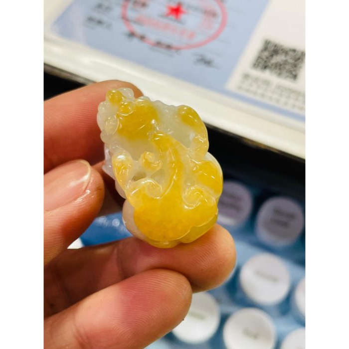 天然A貨緬甸玉 冰潤金黃雙彩手工雕黃金貔貅翡翠玉墜 起冰金黃霧層包白冰 形飽滿手捧大銅錢-細節圖9