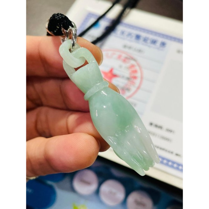 天然A貨緬甸玉 老坑冰膠果綠手工雕掌上明珠翡翠玉墜 起光感膠潤底妝 飽滿掌心優美佛手-細節圖10