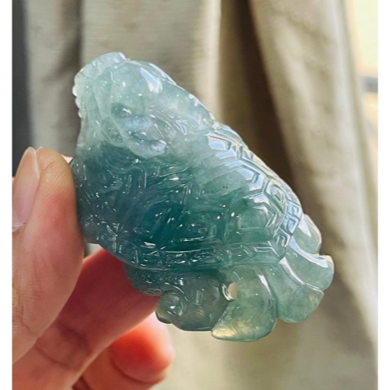 天然A貨緬甸玉 冰種湖綠手雕精工滿載而歸龍龜翡翠玉墜/擺件 冰透光感QQ果凍膠底 老坑帶綠冰料-細節圖6