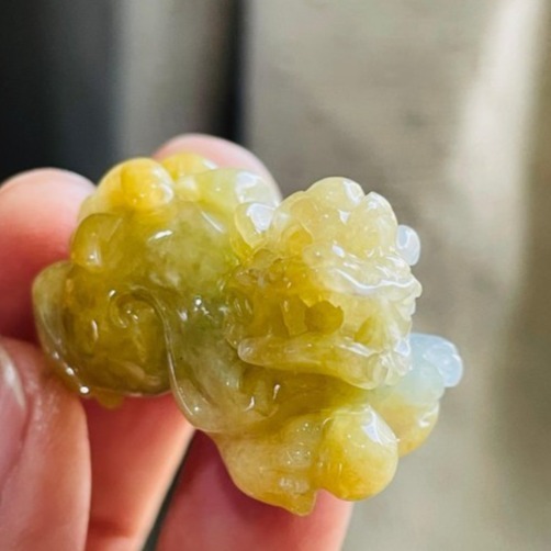 天然A貨緬甸玉 冰潤黃加綠手工精雕雙福雙進黃金貔貅翡翠擺件(一對)  天然黃中帶翠 油潤帶冰 色甜工精 左吸財右納福-細節圖2