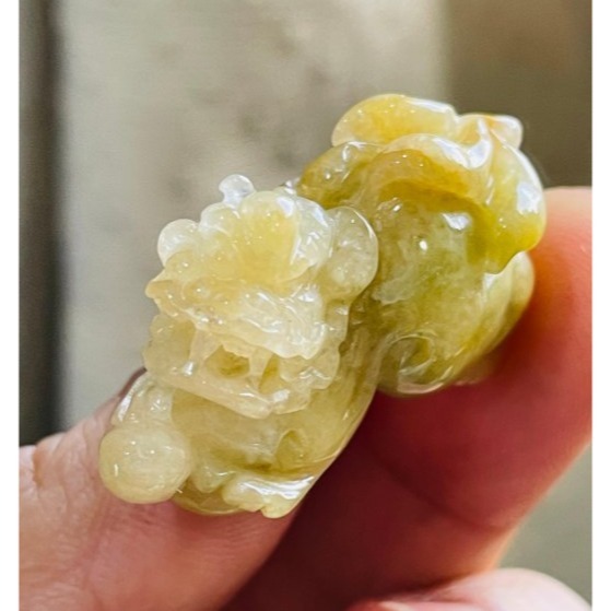 天然A貨緬甸玉 冰潤黃加綠手工精雕雙福雙進黃金貔貅翡翠擺件(一對)  天然黃中帶翠 油潤帶冰 色甜工精 左吸財右納福-細節圖3