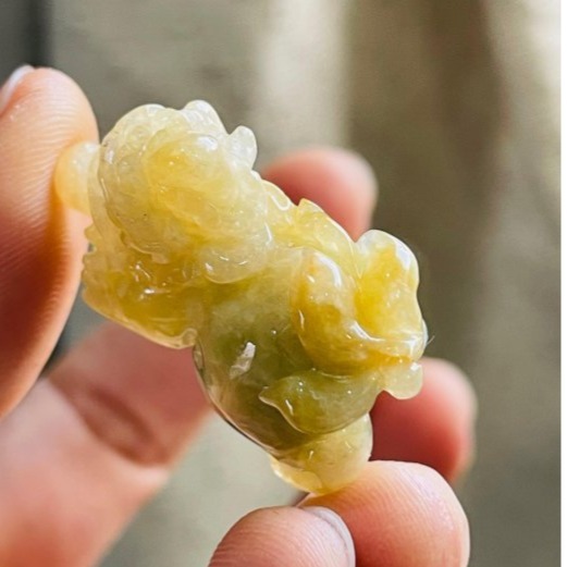 天然A貨緬甸玉 冰潤黃加綠手工精雕雙福雙進黃金貔貅翡翠擺件(一對)  天然黃中帶翠 油潤帶冰 色甜工精 左吸財右納福-細節圖5