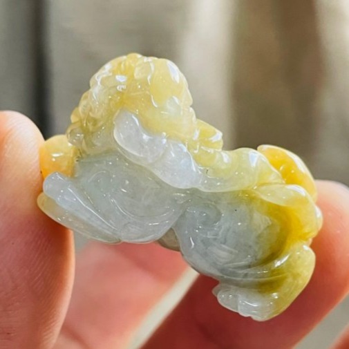 天然A貨緬甸玉 冰潤黃加綠手工精雕雙福雙進黃金貔貅翡翠擺件(一對)  天然黃中帶翠 油潤帶冰 色甜工精 左吸財右納福-細節圖6