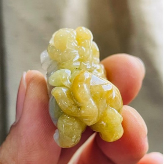 天然A貨緬甸玉 冰潤黃加綠手工精雕雙福雙進黃金貔貅翡翠擺件(一對)  天然黃中帶翠 油潤帶冰 色甜工精 左吸財右納福-細節圖7