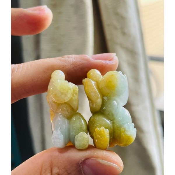 天然A貨緬甸玉 冰潤黃加綠手工精雕雙福雙進黃金貔貅翡翠擺件(一對)  天然黃中帶翠 油潤帶冰 色甜工精 左吸財右納福-細節圖9