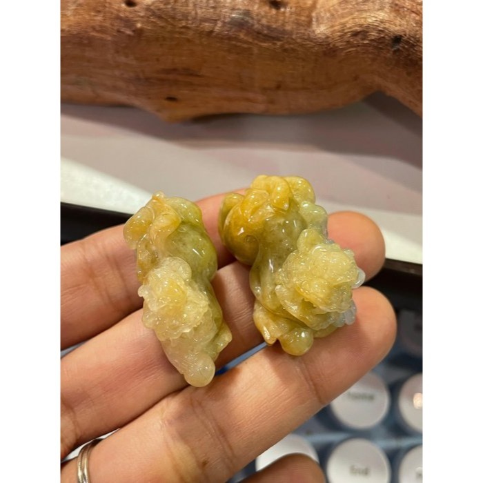 天然A貨緬甸玉 冰潤黃加綠手工精雕雙福雙進黃金貔貅翡翠擺件(一對)  天然黃中帶翠 油潤帶冰 色甜工精 左吸財右納福-細節圖10
