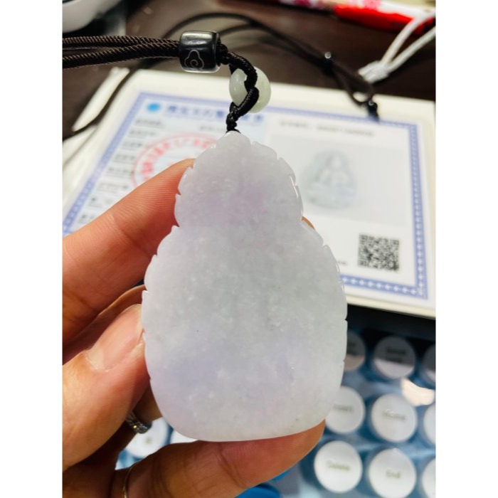 天然A貨緬甸玉 細潤粉紫火焰雕工淨瓶觀音翡翠佛牌 細肉滿色淡紫底色 紫中透淡綠 雕工立體完美一刀切牌形-細節圖10