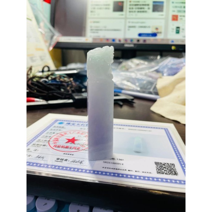 天然A貨緬甸玉 冰潤粉紫俏綠手工雕招財貔貅翡翠印章/方印 粉嫩紫綠分明 俏色巧雕 特色完美長印 大印體-細節圖9