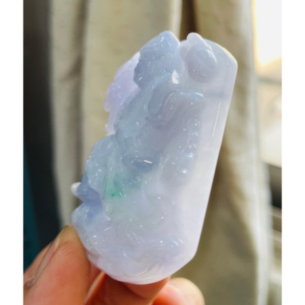 天然A貨緬甸玉 冰潤茄紫俏綠御龍羅漢濟公活佛翡翠玉牌 厚庄透光滿藍紫底色 茄紫陽綠添彩 一刀切方正牌型-細節圖5