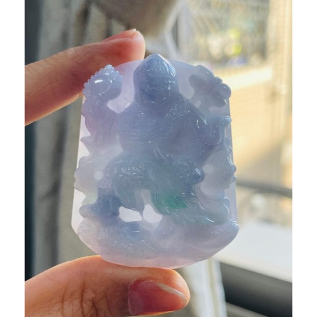 天然A貨緬甸玉 冰潤茄紫俏綠御龍羅漢濟公活佛翡翠玉牌 厚庄透光滿藍紫底色 茄紫陽綠添彩 一刀切方正牌型-細節圖8