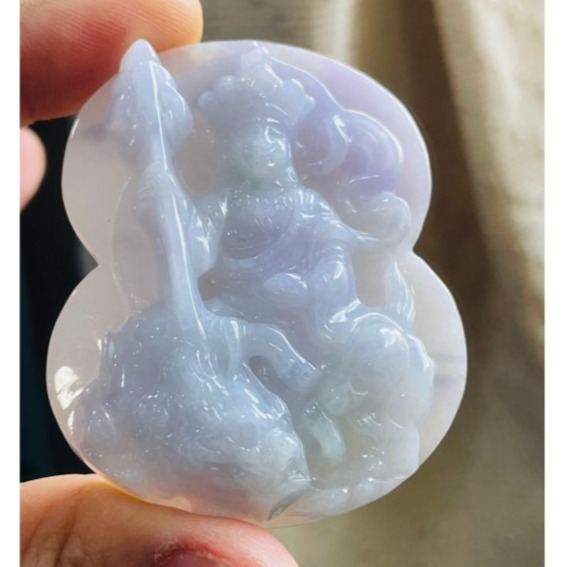 天然A貨緬甸玉 冰潤亮春彩帶飄花地藏王菩薩翡翠佛牌 粉嫩紫綠滿底色 滿滿紫飄花添彩 完美一刀切透手影-細節圖3