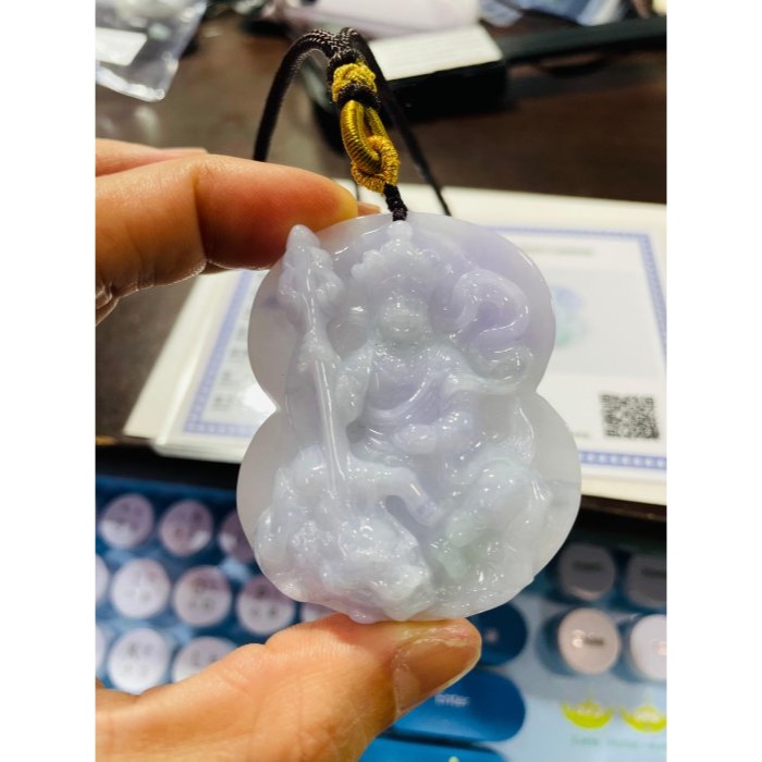 天然A貨緬甸玉 冰潤亮春彩帶飄花地藏王菩薩翡翠佛牌 粉嫩紫綠滿底色 滿滿紫飄花添彩 完美一刀切透手影-細節圖9