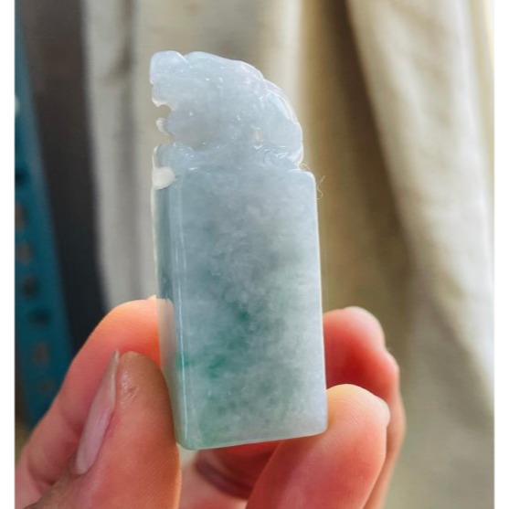 天然A貨緬甸玉 冰潤烏雞綠手工雕招財貔貅翡翠印章/私章/方印 灰烏雞底帶冰冰陽綠-細節圖2