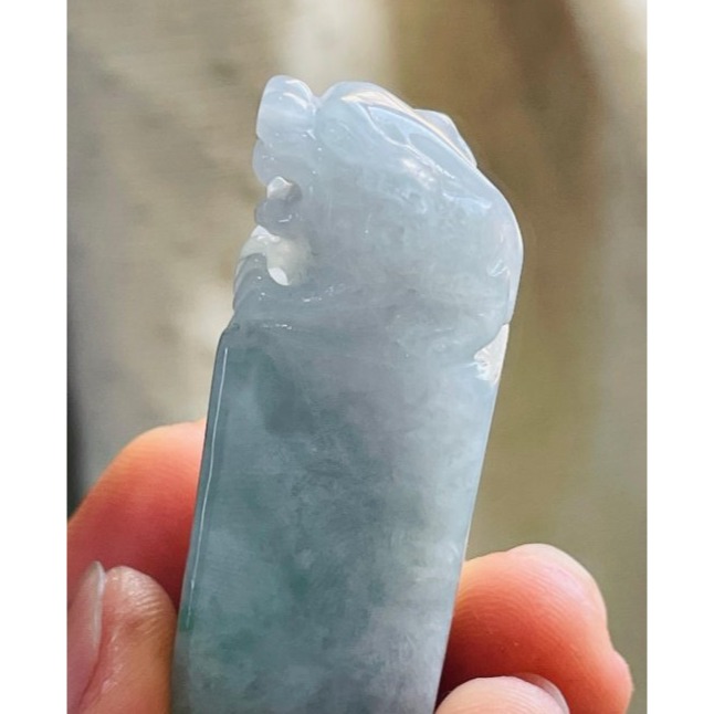 天然A貨緬甸玉 冰潤烏雞綠手工雕招財貔貅翡翠印章/私章/方印 灰烏雞底帶冰冰陽綠-細節圖4