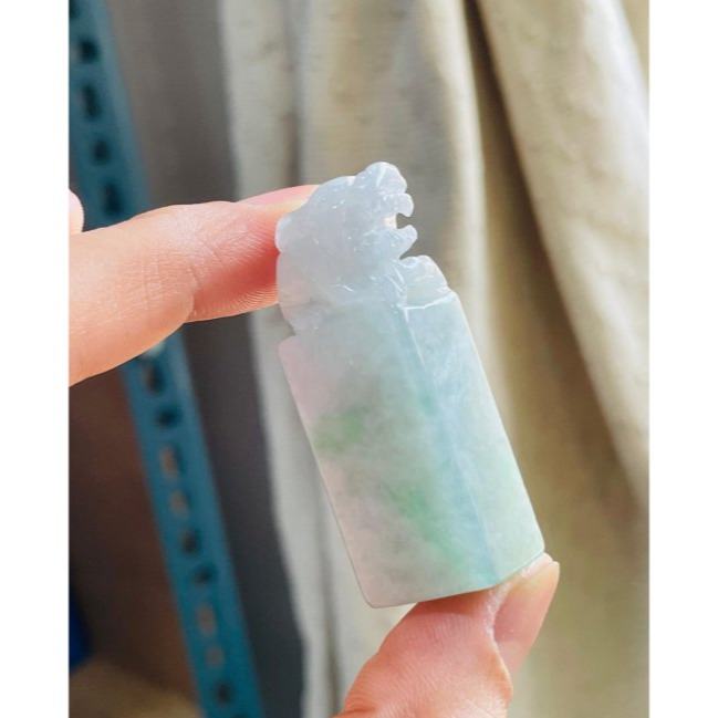 天然A貨緬甸玉 冰潤烏雞綠手工雕招財貔貅翡翠印章/私章/方印 灰烏雞底帶冰冰陽綠-細節圖8