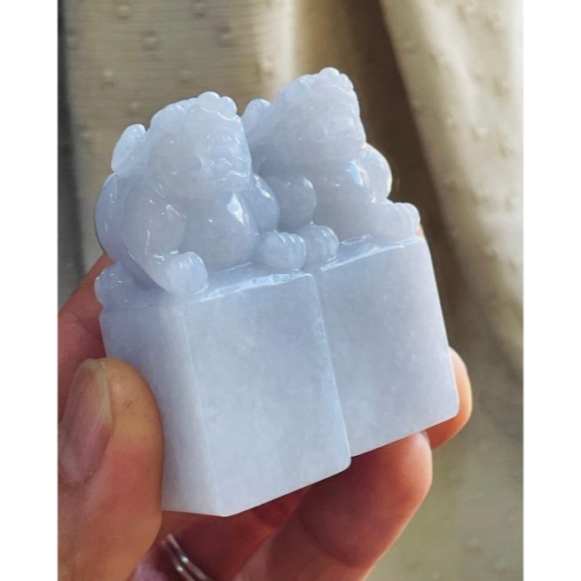 天然A貨緬甸玉 冰潤淡粉招財納福貔貅翡翠印章/正方印/對印(一對) 粉嫩淡粉滿色 色淡近白 老種帶冰底妝-細節圖2