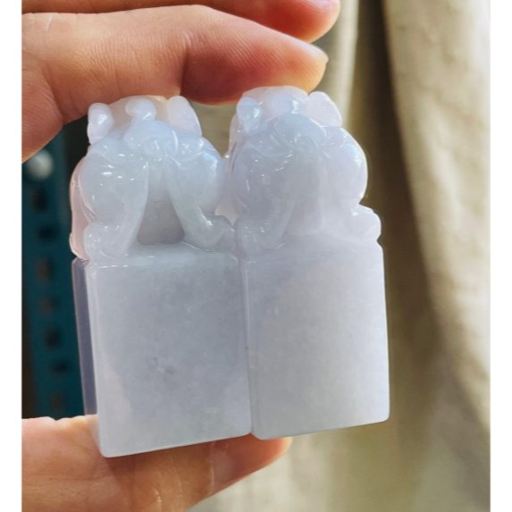 天然A貨緬甸玉 冰潤淡粉招財納福貔貅翡翠印章/正方印/對印(一對) 粉嫩淡粉滿色 色淡近白 老種帶冰底妝-細節圖3