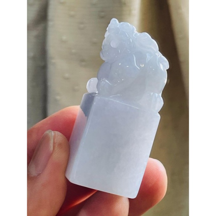 天然A貨緬甸玉 冰潤淡粉招財納福貔貅翡翠印章/正方印/對印(一對) 粉嫩淡粉滿色 色淡近白 老種帶冰底妝-細節圖4