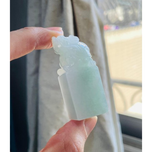 天然A貨緬甸玉 冰潤淡綠底色滿載而歸龍龜翡翠印章/私章/正方印 起冰種老有水頭 色清爽 1.9公分大印體-細節圖8