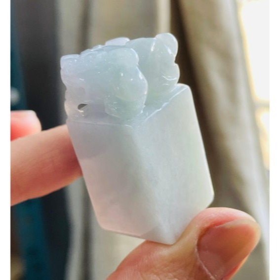 天然A貨緬甸玉 細潤藍綠招財貔貅翡翠印章/私章/方印 細肉過底滿底色 前肢有力蓄勢待發搶錢拚手速-細節圖2