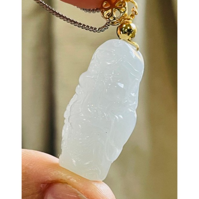 天然A貨緬甸玉 白冰全立體Q版小關公翡翠玉墜 起冰色純白乾淨 法相立體俏皮可愛-細節圖4