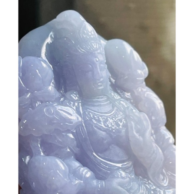 天然A貨緬甸玉 冰潤濃紫手工雕坐蓮度母翡翠佛墜 過底茄紫藍紫融合 滿色濃郁見光不失 精工雙拋 附台証-細節圖2