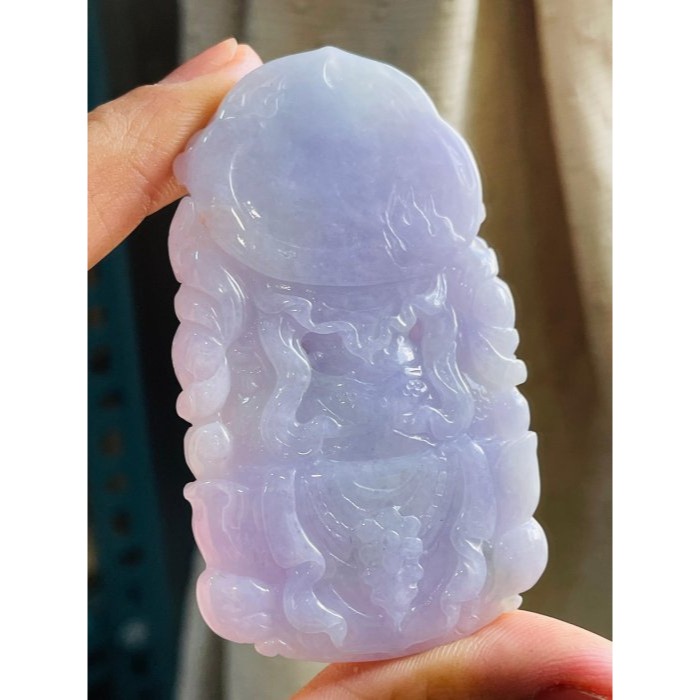 天然A貨緬甸玉 冰潤濃紫手工雕坐蓮度母翡翠佛墜 過底茄紫藍紫融合 滿色濃郁見光不失 精工雙拋 附台証-細節圖6