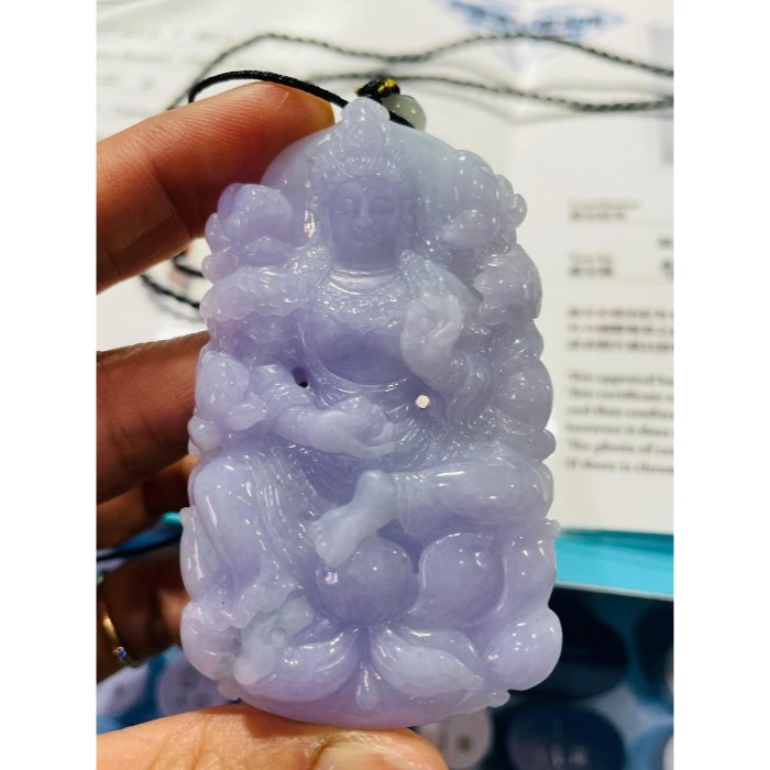 天然A貨緬甸玉 冰潤濃紫手工雕坐蓮度母翡翠佛墜 過底茄紫藍紫融合 滿色濃郁見光不失 精工雙拋 附台証-細節圖9