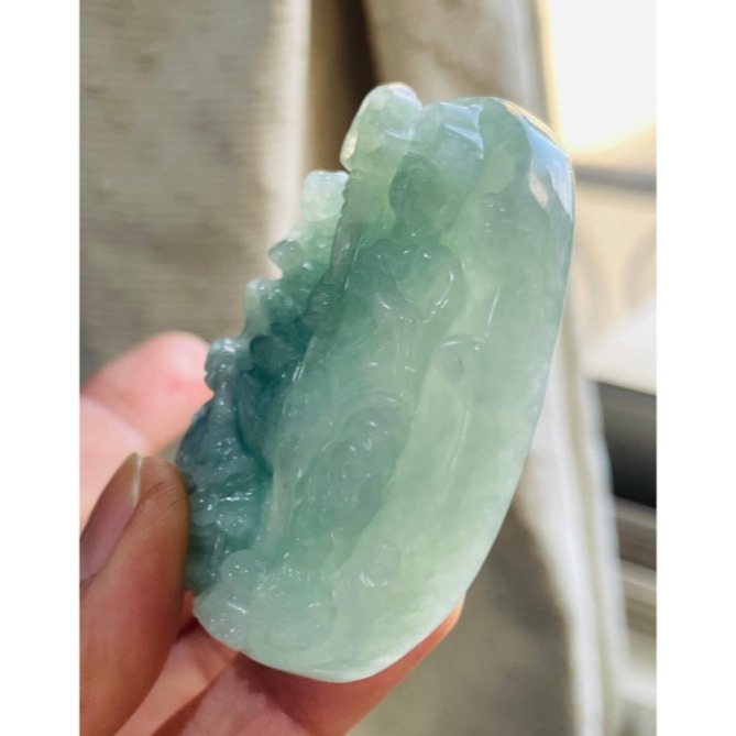 天然A貨緬甸玉 莫西沙 冰潤湖綠坐姿地藏王菩薩翡翠佛牌 滿綠底色冰帶膠感 厚庄完美一刀切牌形-細節圖4