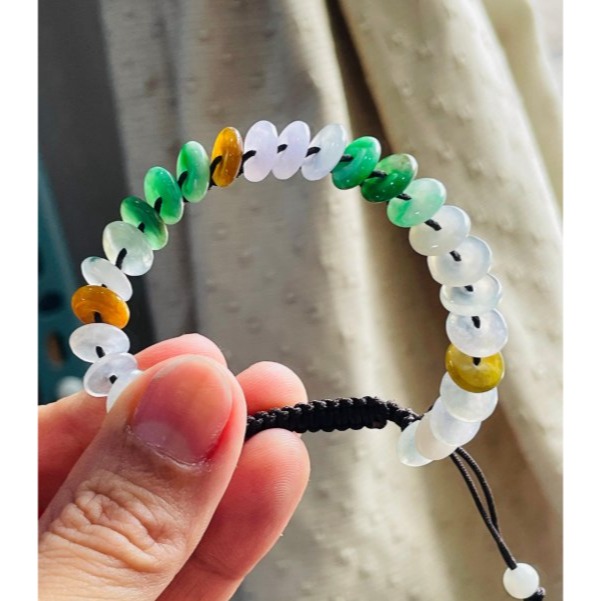 天然A貨緬甸玉 冰多寶平安扣翡翠手鍊/手串14CM手圍 綠陽白冰淡紫茶黃 色艷多彩顆顆完美-細節圖3