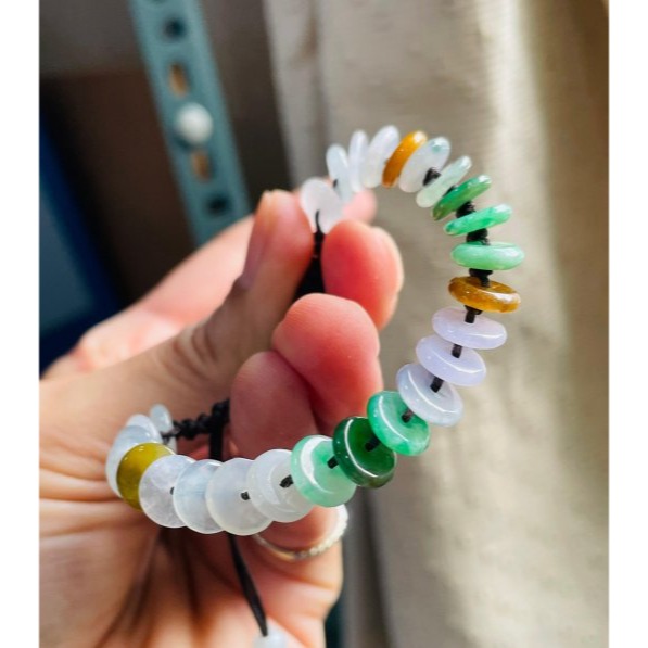 天然A貨緬甸玉 冰多寶平安扣翡翠手鍊/手串14CM手圍 綠陽白冰淡紫茶黃 色艷多彩顆顆完美-細節圖5