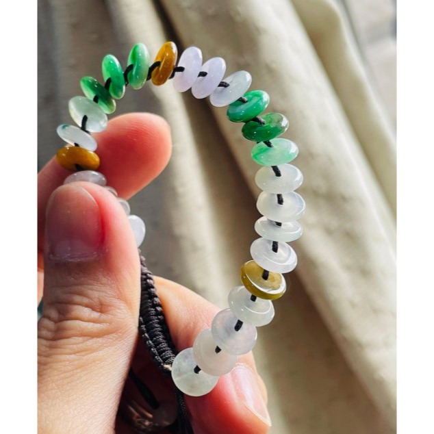 天然A貨緬甸玉 冰多寶平安扣翡翠手鍊/手串14CM手圍 綠陽白冰淡紫茶黃 色艷多彩顆顆完美-細節圖6
