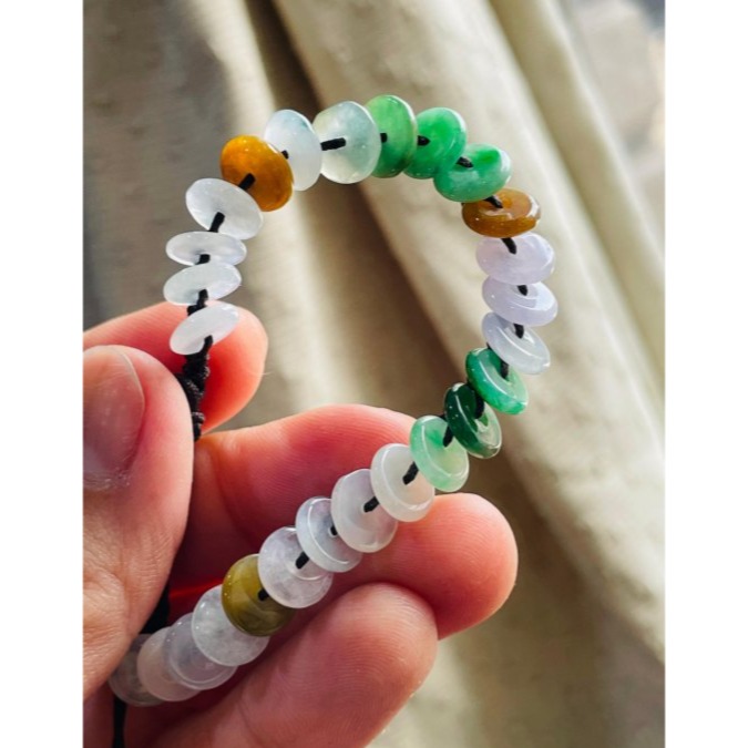 天然A貨緬甸玉 冰多寶平安扣翡翠手鍊/手串14CM手圍 綠陽白冰淡紫茶黃 色艷多彩顆顆完美-細節圖7