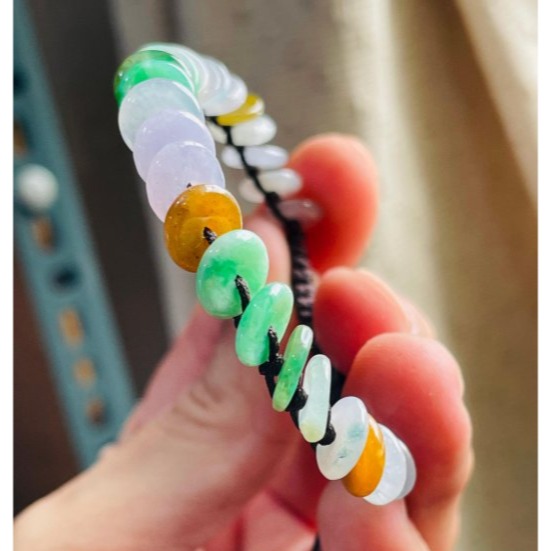 天然A貨緬甸玉 冰多寶平安扣翡翠手鍊/手串14CM手圍 綠陽白冰淡紫茶黃 色艷多彩顆顆完美-細節圖8